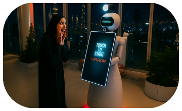AI Robot Photo Booth at Dubai exhibition capturing branded, AI-enhanced photos for corporate event attendees in a vibrant, tech-driven setting